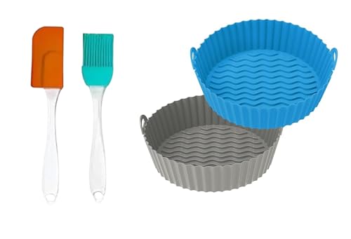 Image of Air Fryer Silicone Tray | Air Fryer Liners I Round Silicone Basket Baking Tray I Pot with Ear Handles I Nonstick Reusable Heat Resistant I Cooking Oven Insert Accessories (Blue + Gray with Oil Brush)