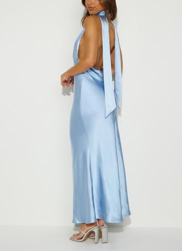 Image of 2026 Women's Satin Halter Deep V Neck Wedding Guest Maxi Dresses