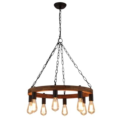 Eumyviv Round Wagon Wheel Chandelier Dining Room 8-Light Rustic Farmhouse Pendant Lighting Fixture for Kitchen Island C0151