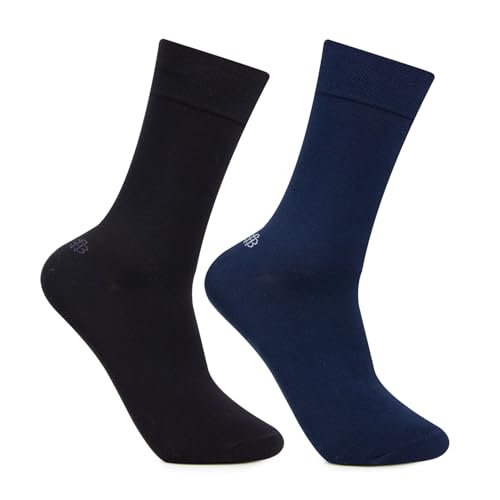 Image of Bonjour Men's Cotton Odour Free Full Length Formal Socks (Navy Blue & Grey, Free size) Pack Of 2