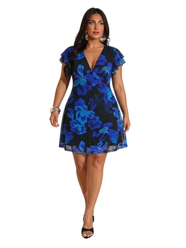 Image of BEAUDRM Women's Plus Size Cocktail Floral Short Dress Deep V Ruffle Short Sleeve Bodycon Mesh Wedding Guest Party Dresses