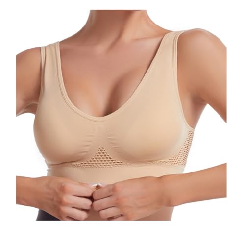 Seamless Sports Bra Plus Size 6XL, Medium Support Wire-Free Workout Bra with Mesh, Soft Padded Yoga Top for Large Bust (5X-Large,Nude Colored)