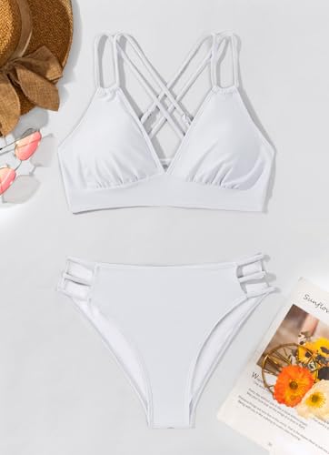 Image of Fanuerg Women's Sexy V Neck Bikini Sets Hollow Out Two Piece Swimsuits Cutout Mid Waist Bathing Suit