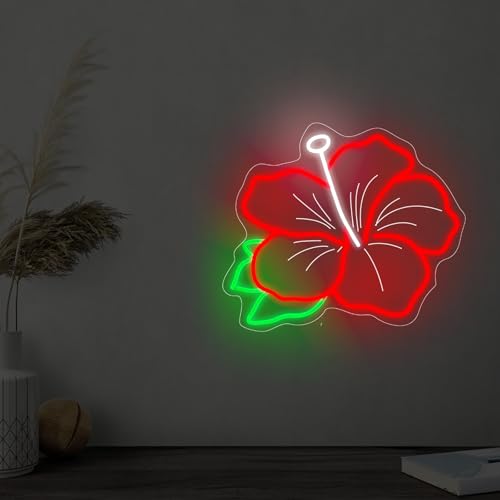 Image of Hibiscus Neon Sign Hibiscus Flower Neon Light Hawaii Floral Neon Light Tropical Flower Sign Home Wall Art Decoration, 15 inchx12 inch, Red
