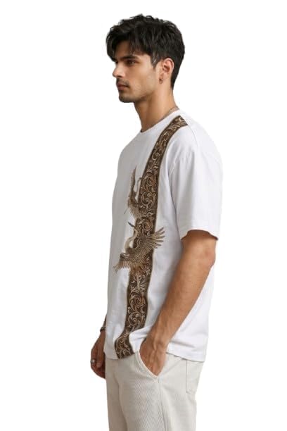 Image of Men's Oversized Black T-Shirt with Crane Bird and Floral Embroidery, Casual Streetwear