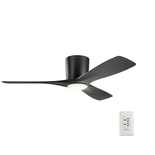 Image of Kichler Volos 48 inch Ceiling Fan With LED Light, Satin Black, 300032SBK | Wall Control, Contemporary Indoor Fan, Low Profile Ceiling Fan with Light