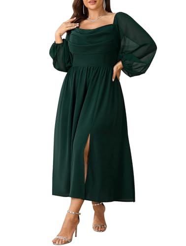 SHESTARR Womens Plus Size Dress Chiffon Long Sleeve Cowl Neck Wedding Guest Cocktail Party Maxi Dress Emerald Green