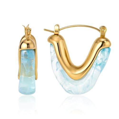 Image of Fullpop Vintage Earrings for Women, Chunky 14K Gold Plated Resin Hoop Earrings Lightweight Hollow Drop Earrings Hypoallergenic Earrings for Women Vintage Anthropologie Jewelry Gifts for Women