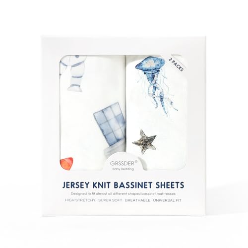 Image of GRSSDER Stretchy Ultra Soft Fitted Bassinet Sheet Set 2 Pack, Universal Fit for Bassinets Baby Cradle Moses Basket Oval Rectangle Mattress Safe and Snug, Sea Fish & Space Stylish Print