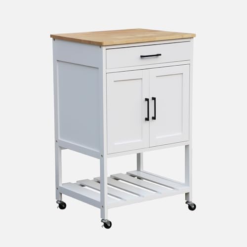 Sweeek Carrello Da Cucina In Legno Di Gomma Con 2 Ripiani, 56Cm, Bendor, Bianco, 100X60X89 Cm-image