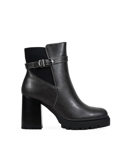 BOSANOVA Botines de tacón para Mujer con elástico Lateral y Tira con Hebilla metálica. Suela Dentada de Plataforma con tacón y Cierre Cremallera Calzado para Mujer Gris 39
