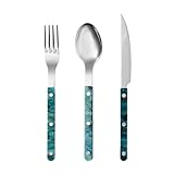 Juego de Cubiertos de Acero Inoxidable con Mango acrílico y Pinzas para Cocina, vajilla, Cuchillo, Tenedor, Cuchara y cucharilla (Verde, 3 Piezas)