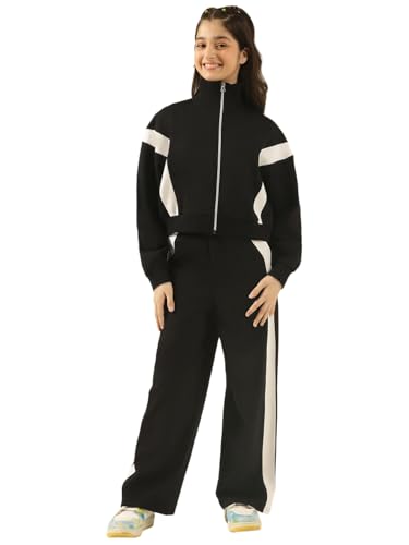 Image of Li'l Tomatoes Girls Solid Fleece Winter Track Suit | Zip-Up High Neck Jacket & Wide-Leg Track Pants | Casual Co-Ord Set | 9-16 Years
