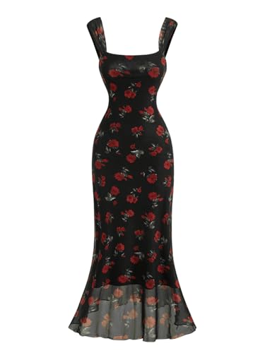 Image of Floerns Women's Rose Floral Print Mesh Midi Dress Fishtail Hem Vacation Bodycon Dresses