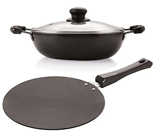 Image of Nirlon Aluminium Nonstick Combo Set of Concave Tawa 28 cm and Deep Kadhai 26 cm with Glass Lid