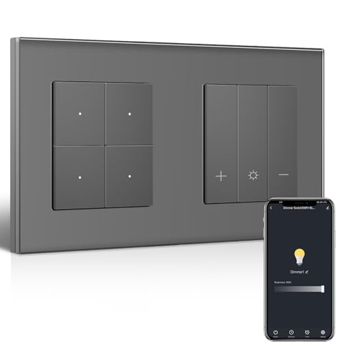 BSEED Smart Interruptor con WiFi Interruptor Atenuador, Dimmer para LED Empotrable, Compatible con Amazon Alexa y Google Home, 4 Gang 1 Vía Interruptor de Pared, Gris(Requiere Cable Neutro)