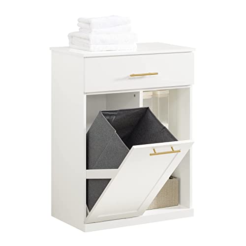 SoBuy Mueble Baño con Cesto Extraíble, Cajón y 2 Estantes para Almacenaje - Mueble Auxiliar Baño Armario Compacto Blanco para Baño, 66x37x95 cm BZR66-W