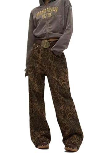 Leopard Print Jeans for Women Men - Y2k Aesthetic Cargo Pants, Baggy Wide Leg, Small