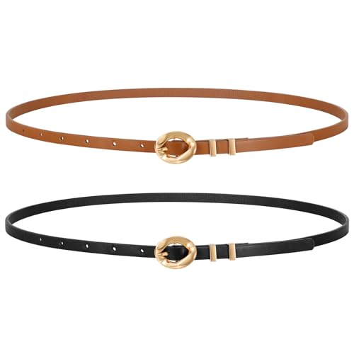 LEACOOLKEY Women Skinny Belts 0.39 Inch Wide 2 Pack Thin Leather Belts for Dresses Jeans Cardigans - Main Image