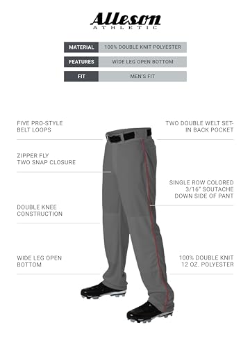 Alleson Athletic Men's Baseball Pants with Braid, Charcoal/Scarlet, Large - image 3