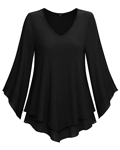 Lotusmile Tunic Tops For Women Loose Fit, Womens Blouses And Tops Dressy For Work Party Cute Clothes Formal Top Elegant Evening 3/4 Flare Sleeve Swing Tops V Hem Tunics For Leggings, Black X-Large #TOP2