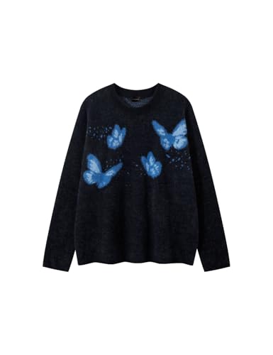 Unisex Knit Sweater Oversized Harajuku Hip Hop Style with Blue Butterfly Graphic