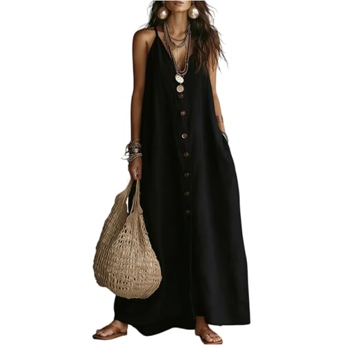 Vestidos De Verano para Mujer Lino Color Liso Cuello En V Tirantes Finos   Ropa Mujer Verano Vestido Largo Anchos Calle Moda, Dresses for Women Playa Viaje Negro XXL