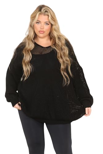 Image of STAR FASHION Womens Italian Knitted Star Print Fishnet Mesh Jumper Top Long Sleeve Ladies Tunic Transparent Mesh Sheer See Through Net Round Neck Jumper Cardigan Sweater Top Black