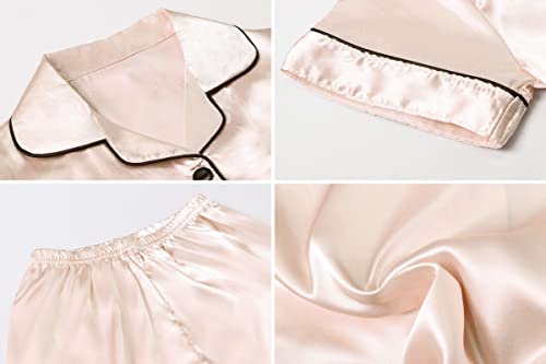Image of Umeyda Women & Girls Pajamas Set, 2 Piece PJS Satin Silk Sleepwear Button-Down Top with Shorts for Mom Kids Gifts
