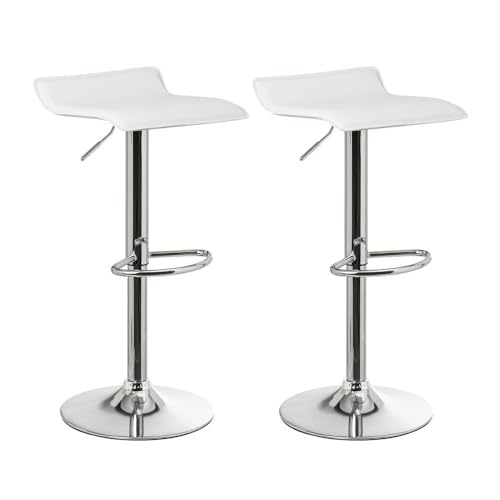 LOLAhome Set de 2 Taburetes de Cocina Giratorios en 360°, Juego de Sillas de Bar Regulables en Altura de 63 a 84 cm, Material Polipiel, Estructura Metal y Reposapiés, Blancos