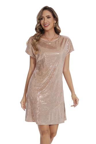 Image of Women's Crewneck Sequin Shift Dress Short Sleeve Casual Holiday Sparkly Party Dress