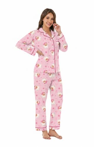 Image of LUBOT Christmas Pajamas for Women 100% Cotton Pajama 2 Piece PJ Set Soft Long Sleeve Button Xmas Print Loungewear XS-XXL