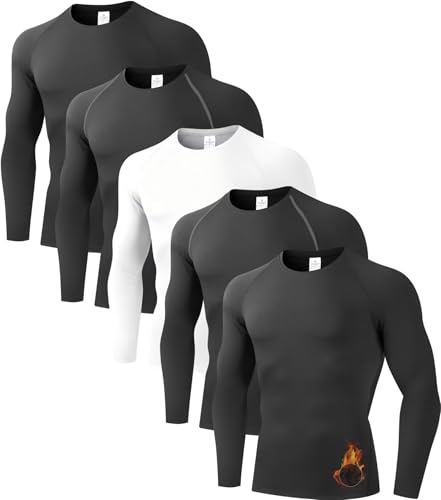 CYPER SUN 5 Pack Thermal Compression Shirts Men, Base Layer Top Sport Gear, Fleece Lined Long Sleeve Underwear for Cold Weather XL