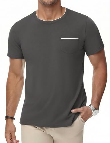 iClosam Herren T Shirt mit Brusttasche Baumwolle Tshirt Herren Bequem Männer t-Shirt Kurzarm Mens Basic Top für den Alltag,Grau,XL