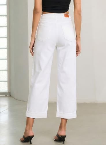 Image of Sidefeel Barrel Jeans for Women High Waisted Wide Leg Baggy Stretchy Trendy Raw Rolled Hem Capri Cropped Ankle Denim Pants
