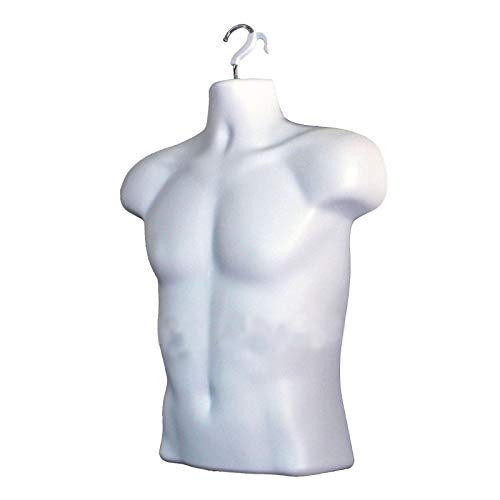White Male Mannequin Hollow Back Body Torso Dress Form & Hanging Hook, S-M Sizes (1 Pack, White) #TOP1