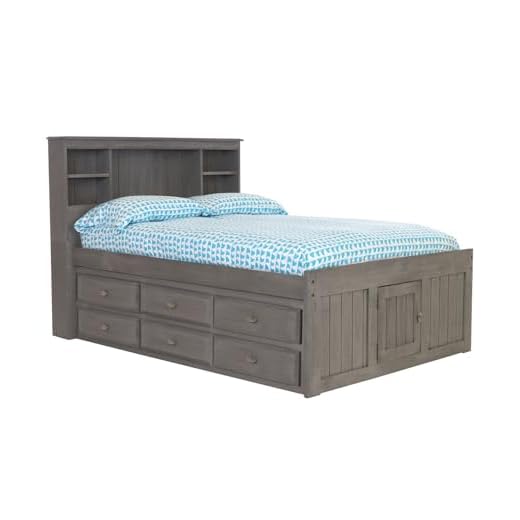 Discovery World Furniture Charcoal Full Size Bookcase Captain Bed with 6 Drawer Storage on ONE Side Opposite Side is Open