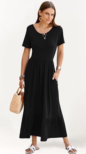 Image of AUSELILY Womens Summer Dresses 2025 Short Sleeve Maxi Dress Crewneck Casual Sundresses with Pockets
