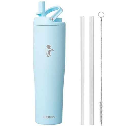 Coolflask 40 oz Insulated Water Bottle Fits Cup Holder with Straw & Handle