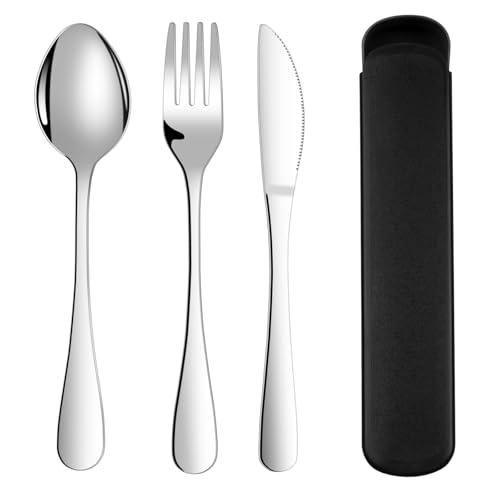 ABOHU Cubiertos para Llevar,4 piezas Cubiertos Camping de Acero Inoxidable con Cuchillos,Cuchara,Tenedores,Estuche,Juego de Utensilios Portátiles para Lonchera Escolar,Picnic,Viajes,Uso Diario(Negro)