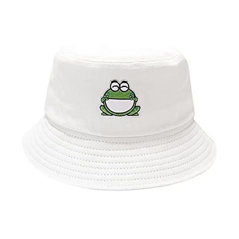 QOOEQPQY Unisex Embroidered Frog Bucket Hat Cute Fashion Fisherman Cap (White) Cover