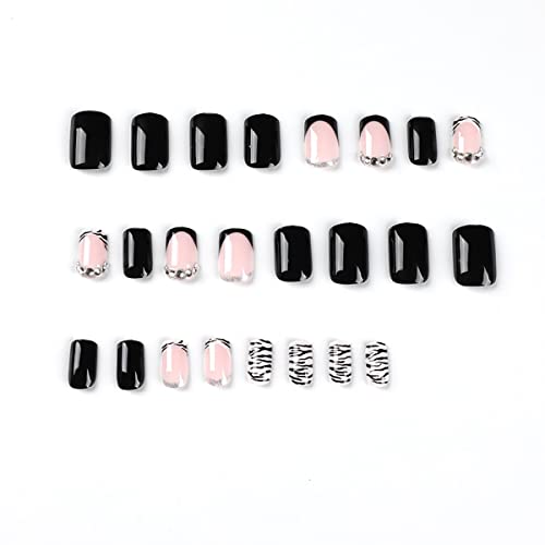 24Pcs French Tip Press On Nails Short Square Black Fake Nails Black White Zebra Print Design Full Cover Coffin Artificial Nails Rhinestone False Nail For Women Girls Acrylic Salon Manicure Decorations #TOP1