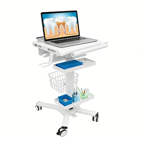 Medical Cart, Height Adjustable Table with Wheels Mobile Workstation Cart Laptop Anti-Theft Rack Power Strip Holder for Dental Clinic, Hospital, Office