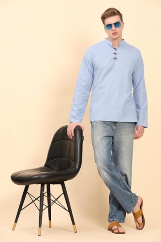 Image of Amazon Brand - Anarva Men's Cotton Linen Solid Kurta Long Sleeves Wooden Button Regular Casual Shirt