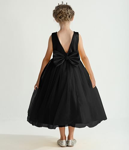 Uhnice Flower Girl Pearls Dress V-Back Tulle Ball Gown Satin Prom with Bow-Knot for Wedding Pageant Birthday Party3