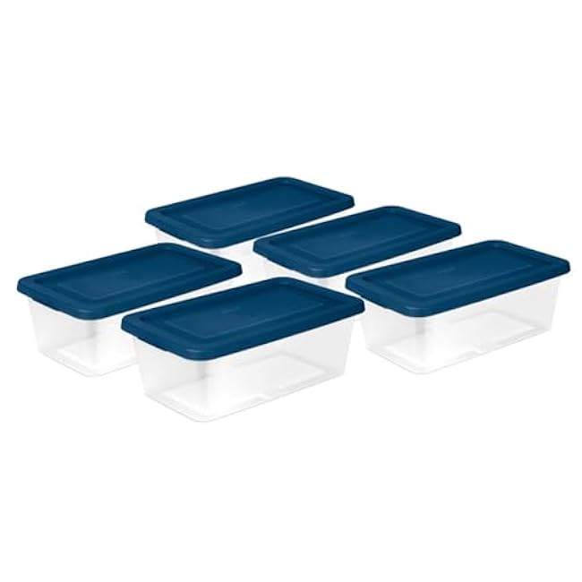 Sterilite Stackable 6 Quart Clear Home Storage Box with Handles and Blue Lid for Efficient, Space Saving Household Storage and Organization, 5 Pack
