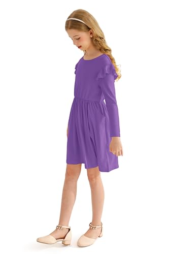 Girls' Long Sleeve Ruffle Trim Dresses Elastic Waist Knee Length Scoop Neck Casual Dress2