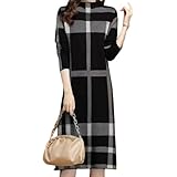 [Elixio] [エリクシオ] あったか ワンピース ニットワンピース チェック 柄 レディース 長袖 タイトスカート ミモレ丈 厚手 きれいめ 体型カバー 冬 大きいサイズ デート クリスマス (JP, アルファベット, L, ブラック)