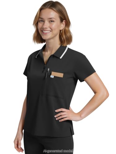 Image of Scrub Tops for Women, Medical Short Length Zip-Front Polo Scrub Top