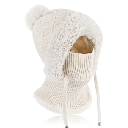 TAGVO Hiver Chaud Tricoté Bonnet Et Ensembles De Cache-Cou, Chapeau d'hiver Bonnet Tricoté Flexible Avec Boule De Poils, Cagoule Polaire Thermique Réglable...